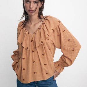 ZARA Embroidered Dark Pink Romantic Blouse Cotton New